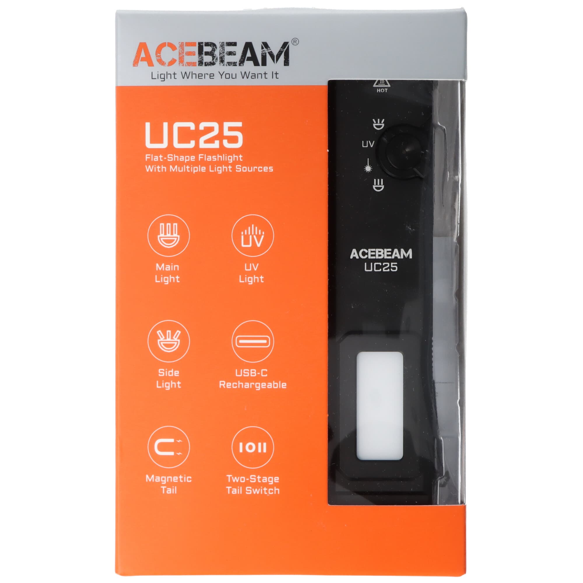 AceBeam UC25 avec lumière blanche froide/chaude/UV de 3100 lm et laser vert, noir