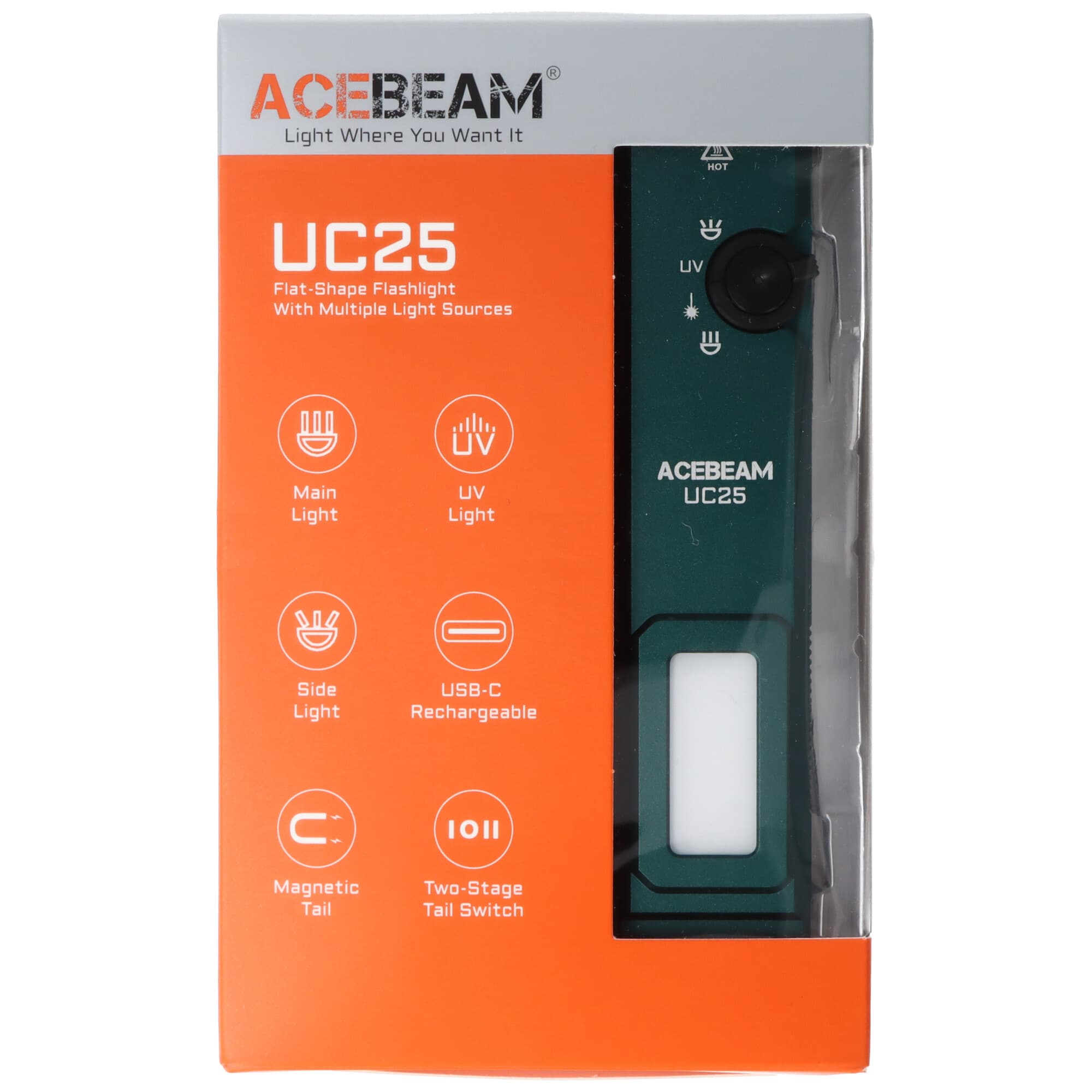 AceBeam UC25 avec lumière blanche froide/chaude/UV de 3100 lm et laser vert/vert