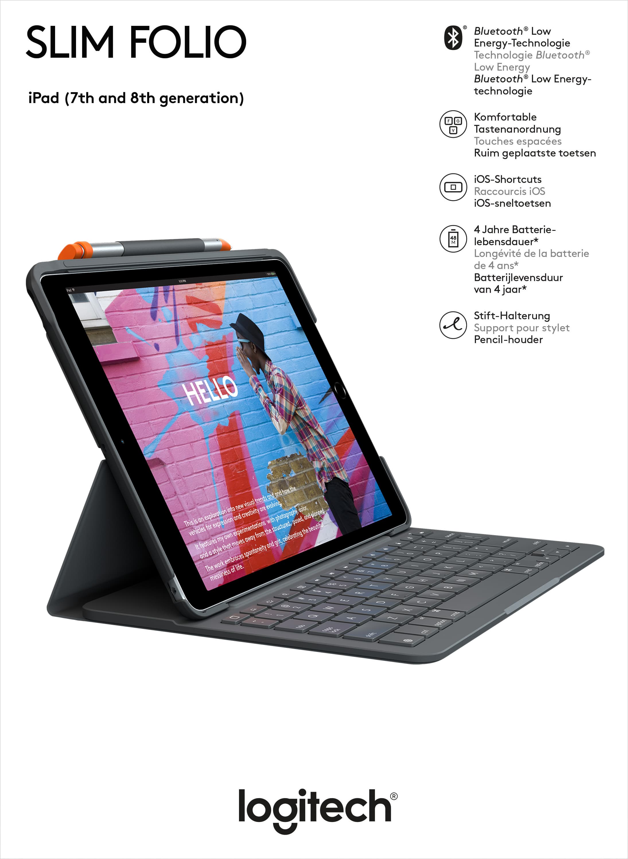 Logitech Keyboard Slim Folio, Bluetooth, graphite pour Apple iPad 10.2", Gen.7/8/9, DE, Vente au détail