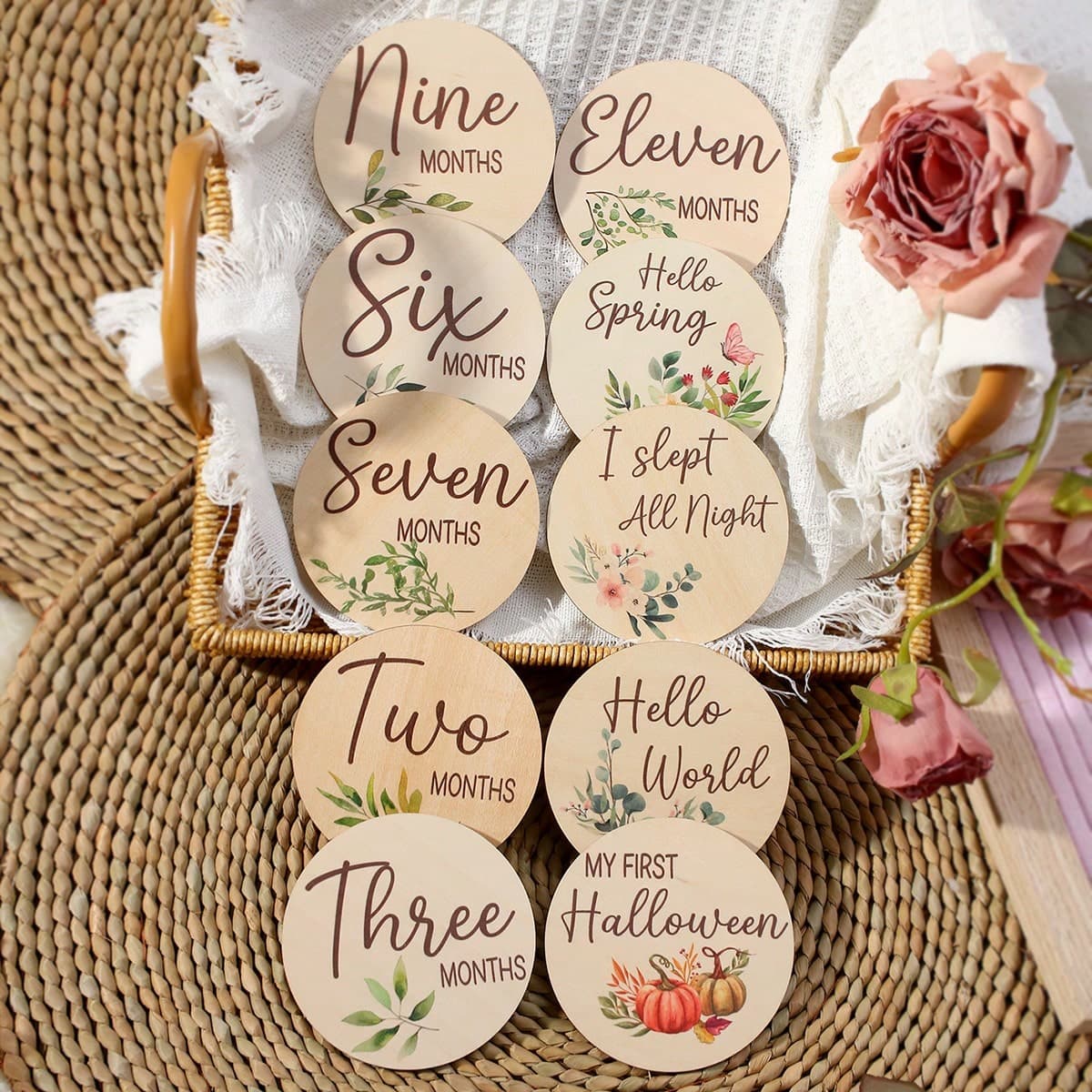Disques de jalons pour bÃ©bÃ© imprimÃ©s des deux cÃ´tÃ©s, disques en bois pour jalons de croissance mensuels pour nouveau-nÃ©, annonce de naissance,