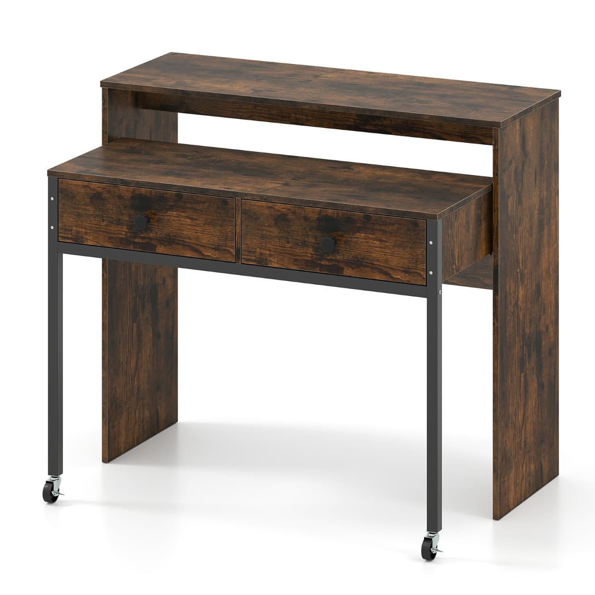 CostwayBureau d'Ordinateur Rétractable Bureau de Rangement Gain de Place avec Tiroirs Coiffeuse Compacte avec Roulettes Marron Rustique