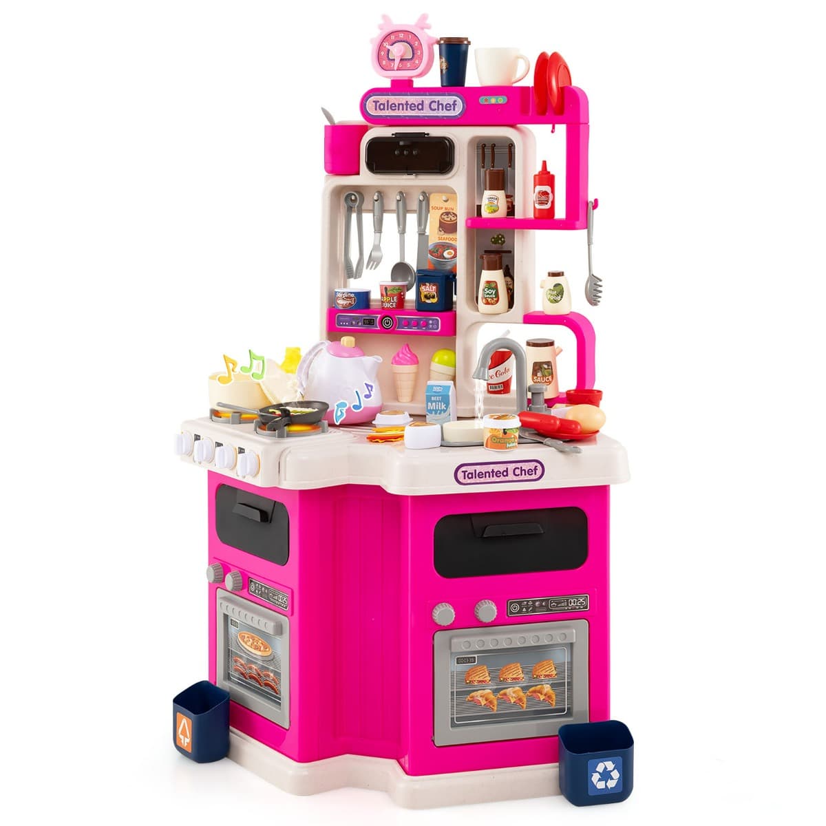 CostwayEnsemble de Cuisine pour Enfants Cuisine d'Angle avec Sons et Lumières Cuisinière à Vapeur Évier de Jeu et 75 Accessoires pour 3+ Ans Rose