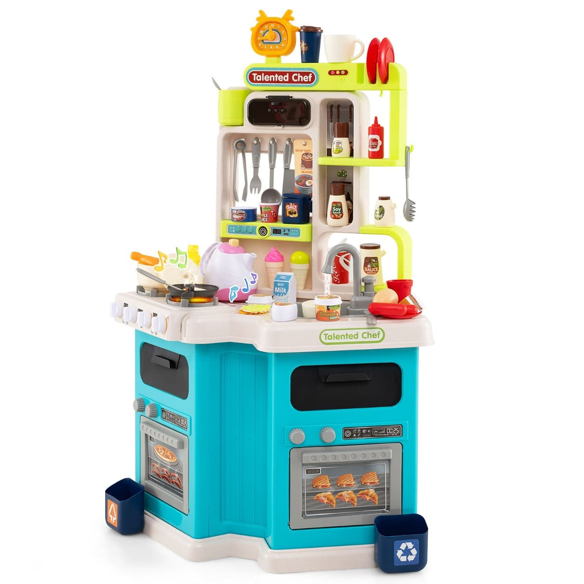 CostwayEnsemble de Cuisine pour Enfants Cuisine d'Angle avec Sons et Lumières Cuisinière à Vapeur Évier de Jeu et 75 Accessoires pour 3+ Ans Bleu