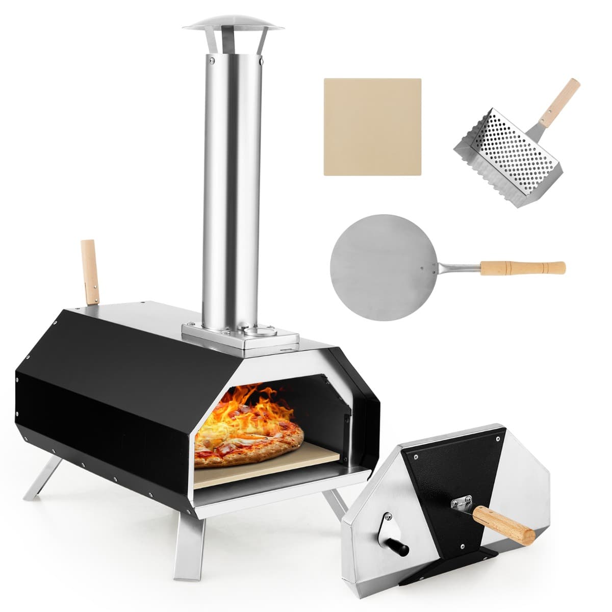 CostwayFour à Pizza Extérieur en Acier Inoxydable avec Pierre à Pizza de 30,5cm Four à Bois pour Pizza avec Pelle Pare-feu Pieds Pliables