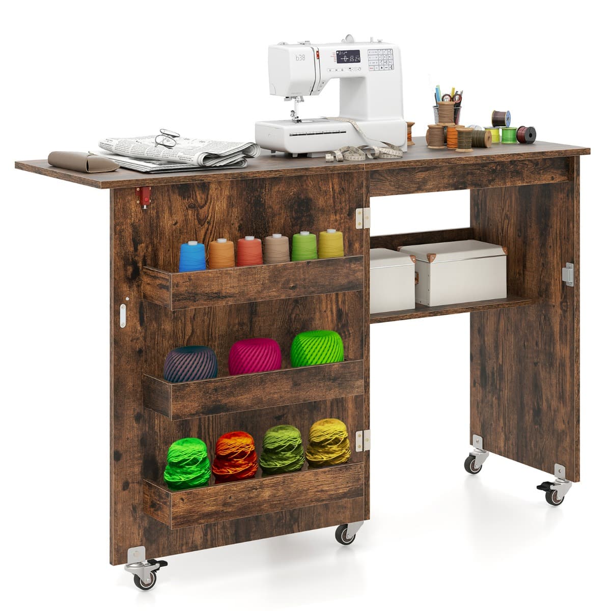 CostwayTable de Couture Pliante Station D'artisanat Roulante avec Étagère de Rangement 3 Bacs Cachés Bureau pour Machine à Coudre Mobile Café