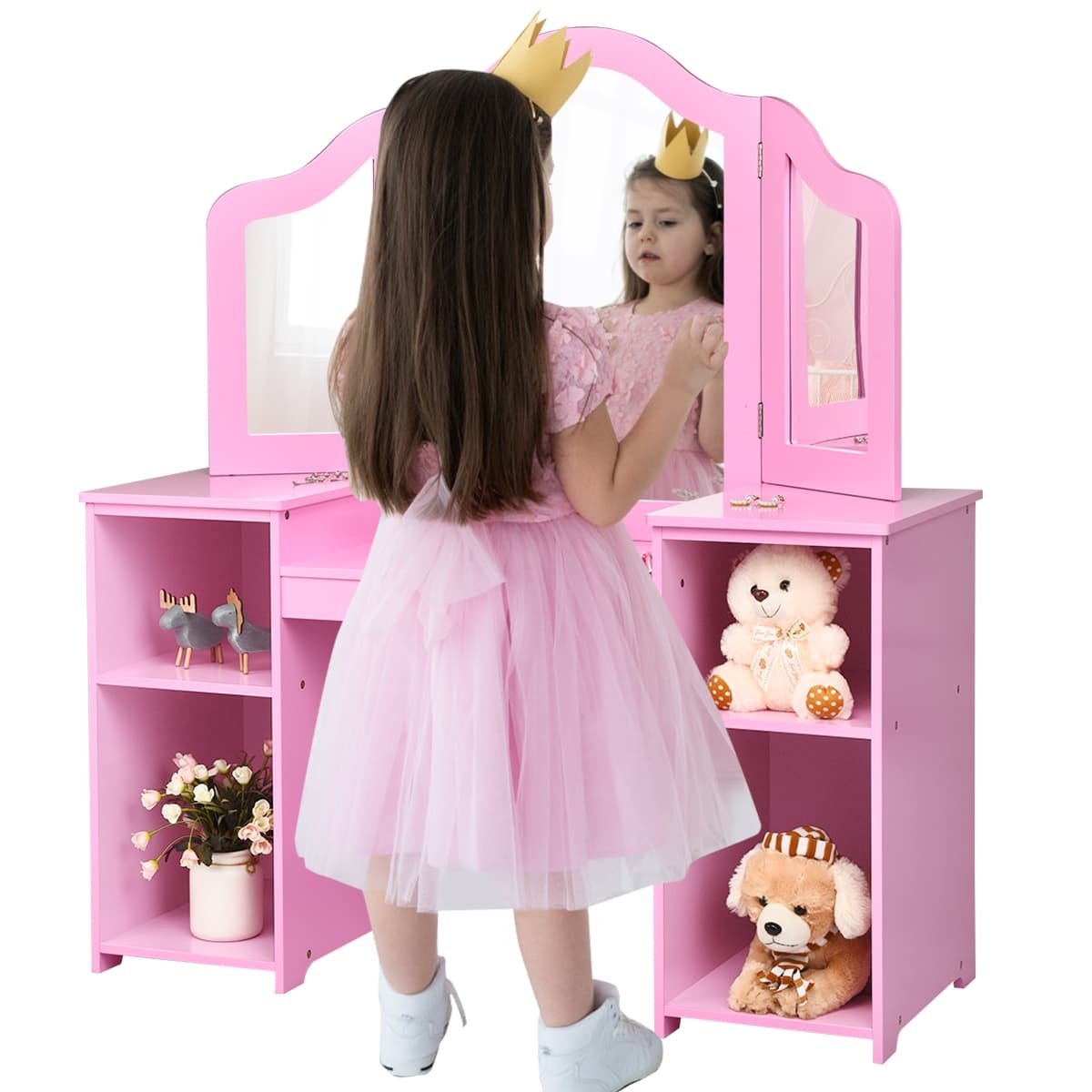 Costway2 en 1 Coiffeuse pour Enfants avec Miroir Amovible Bureau Enfant avec 4 Étagères et 3 Panneau Pliables Rose