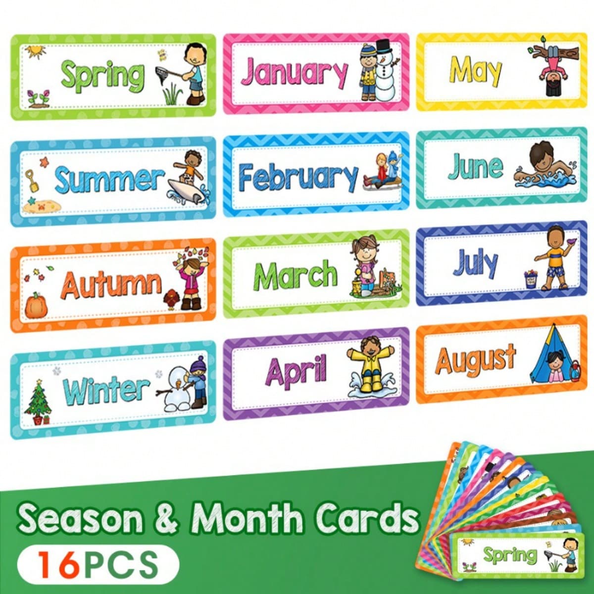 Ensemble de 16 titres mensuels - 12 mois de l'année Cartes cognitives pour l'éducation précoce Flashcards Jouets d'apprentissage pour enfants
