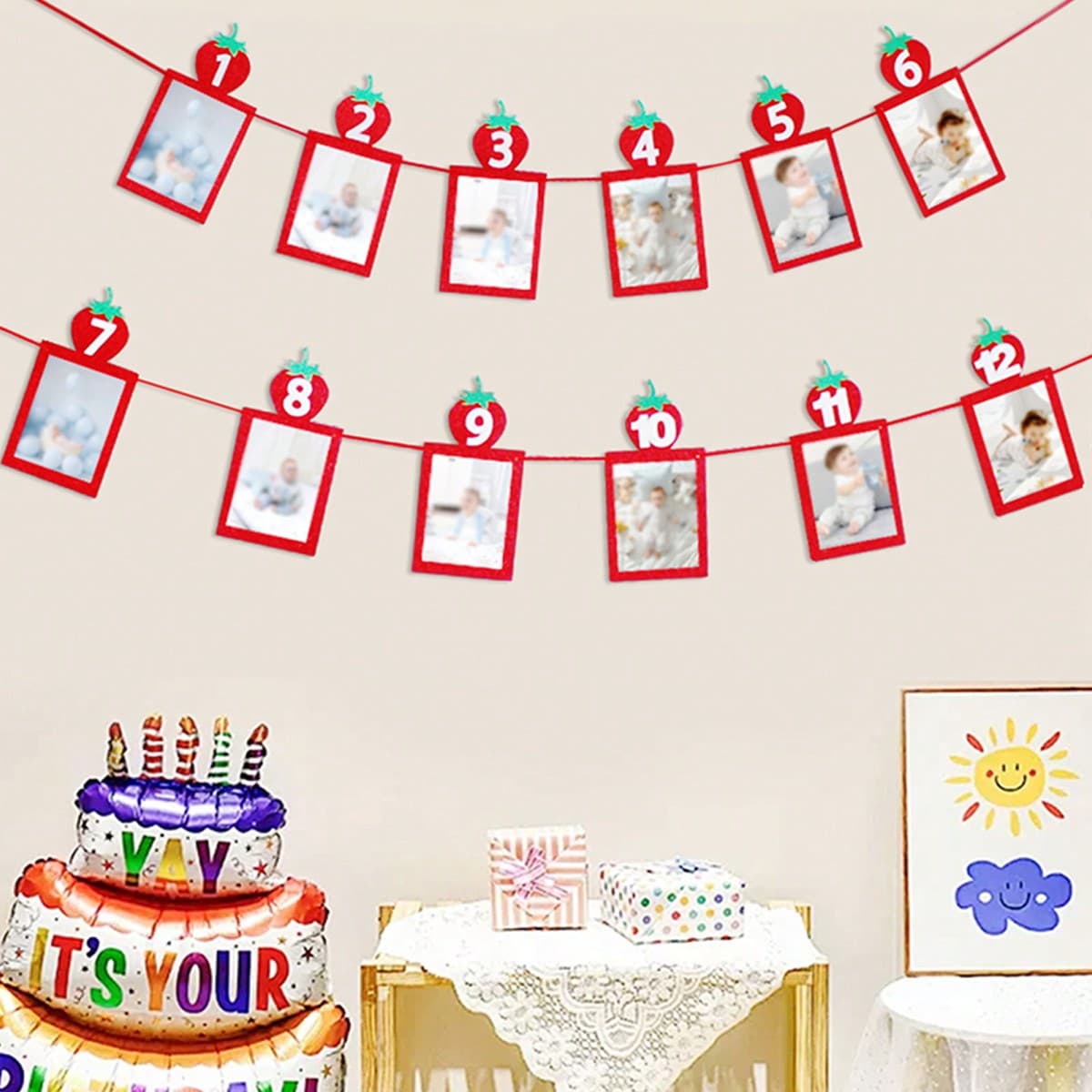 1 pièce Fournitures de fête d'anniversaire à thème de fraise pour le 1er anniversaire, bannière de cadre photo des étapes mensuelles, bannière